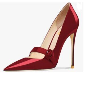 FYS Wine Pointed Toe Buckle Mary Jane Pump Sexy Stiletto High Heel Wedding Shoes